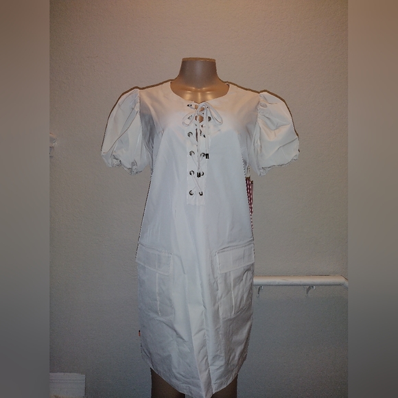 LDT Lace Up Split Round Neck Short Puff Sleeve Mini Dress - Picture 11 of 12